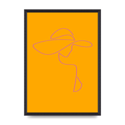Lady In Hat Line Drawing Orange Pink Printed Poster - A2 framed