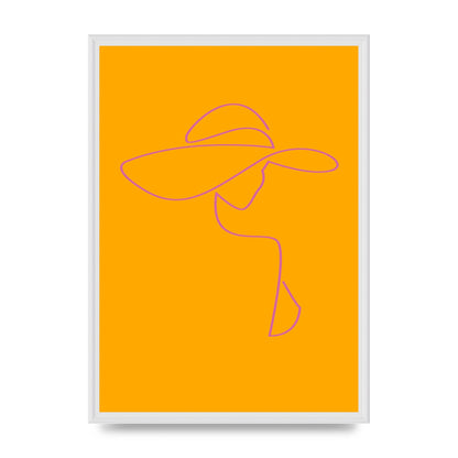 Lady In Hat Line Drawing Orange Pink Printed Poster - A2 framed