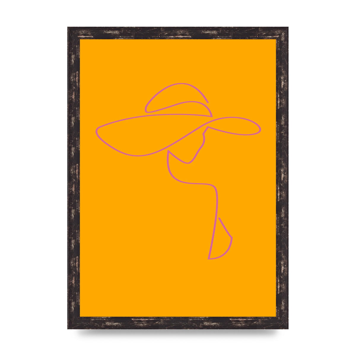 Lady In Hat Line Drawing Orange Pink Printed Poster - A3 framed
