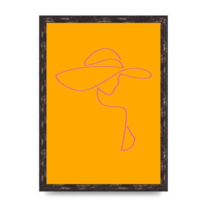 Lady In Hat Line Drawing Orange Pink Printed Poster - A3 framed