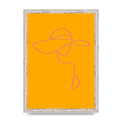 Lady In Hat Line Drawing Orange Pink Printed Poster - A3 framed