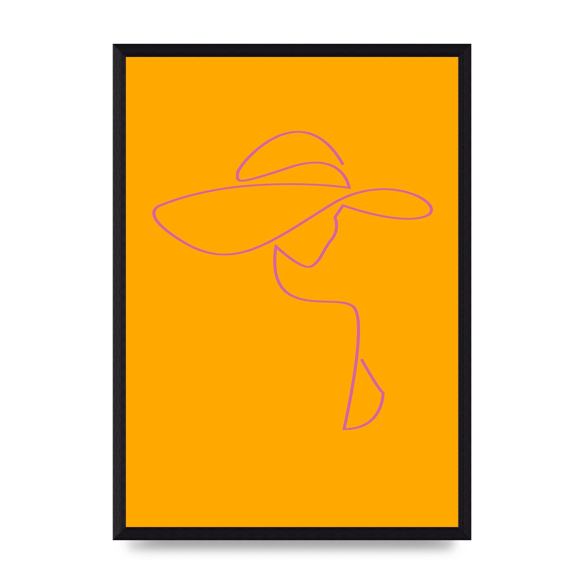 Lady In Hat Line Drawing Orange Pink Printed Poster - A3 framed