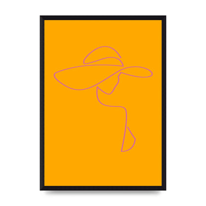 Lady In Hat Line Drawing Orange Pink Printed Poster - A3 framed