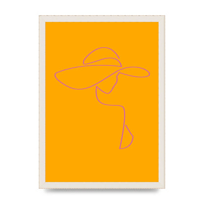 Lady In Hat Line Drawing Orange Pink Printed Poster - A3 framed
