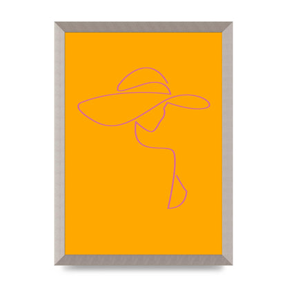 Lady In Hat Line Drawing Orange Pink Printed Poster - A3 framed