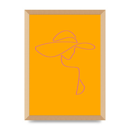 Lady In Hat Line Drawing Orange Pink Printed Poster - A3 framed