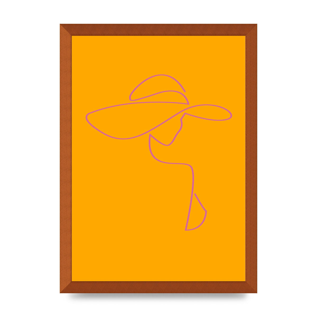 Lady In Hat Line Drawing Orange Pink Printed Poster - A3 framed