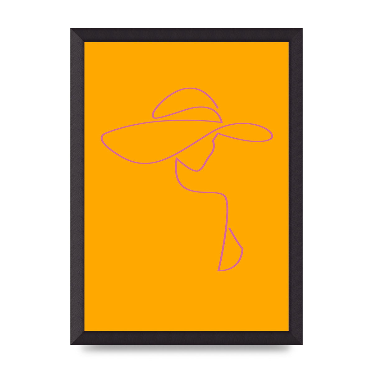 Lady In Hat Line Drawing Orange Pink Printed Poster - A3 framed
