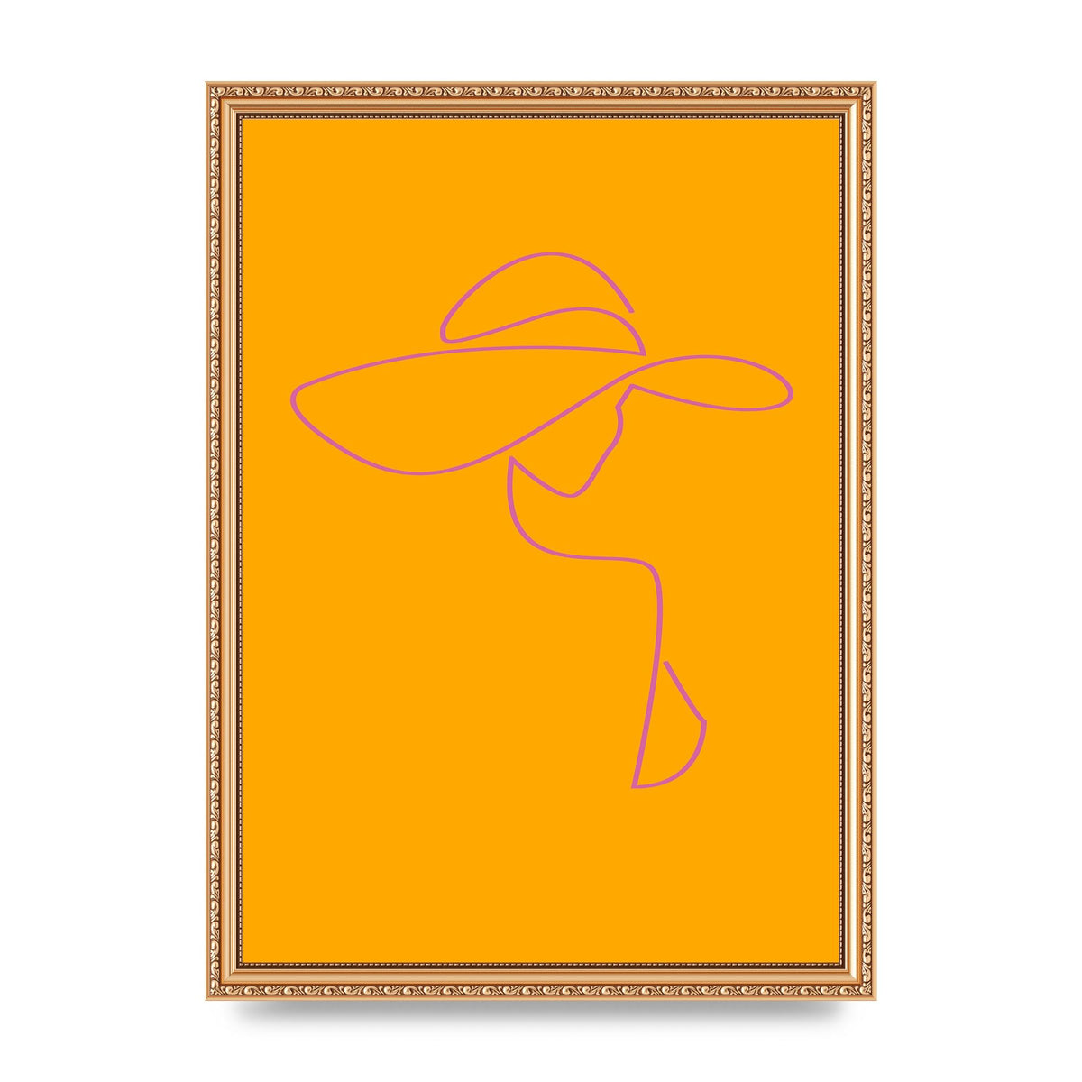 Lady In Hat Line Drawing Orange Pink Printed Poster - A3 framed