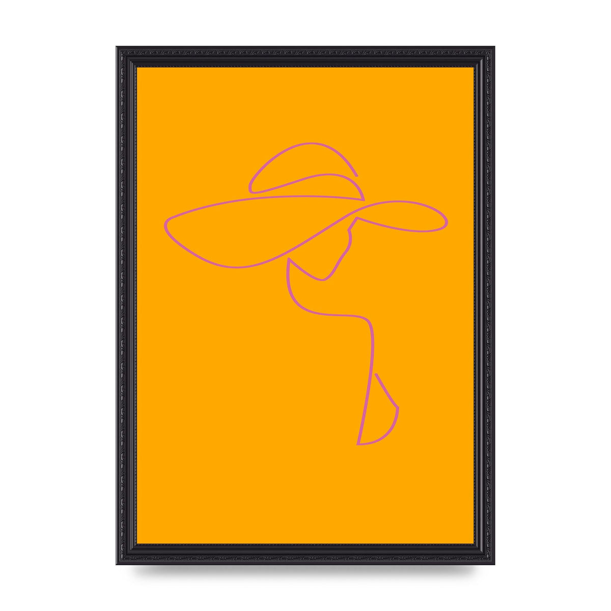 Lady In Hat Line Drawing Orange Pink Printed Poster - A3 framed