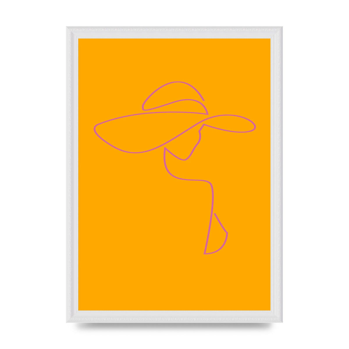 Lady In Hat Line Drawing Orange Pink Printed Poster - A3 framed