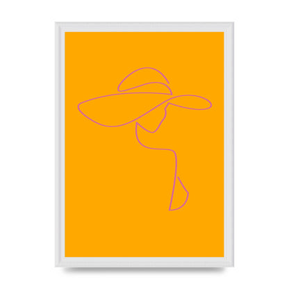 Lady In Hat Line Drawing Orange Pink Printed Poster - A3 framed