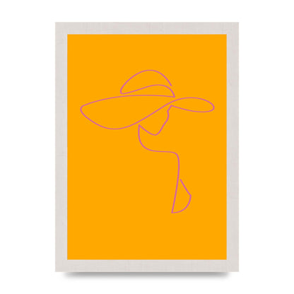 Lady In Hat Line Drawing Orange Pink Printed Poster - A4 framed