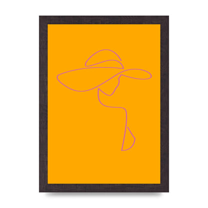Lady In Hat Line Drawing Orange Pink Printed Poster - A4 framed