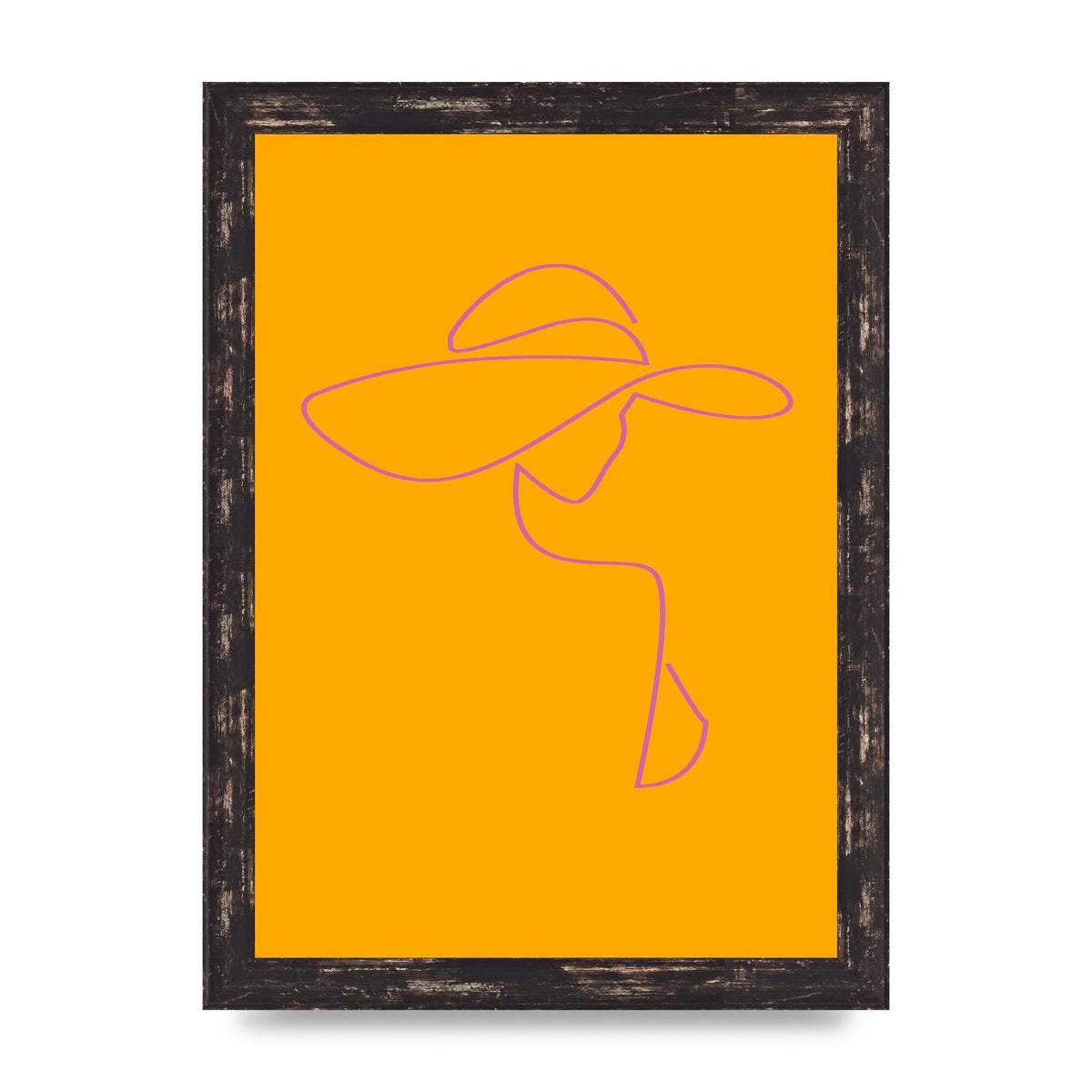 Lady In Hat Line Drawing Orange Pink Printed Poster - A4 framed