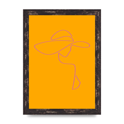 Lady In Hat Line Drawing Orange Pink Printed Poster - A4 framed