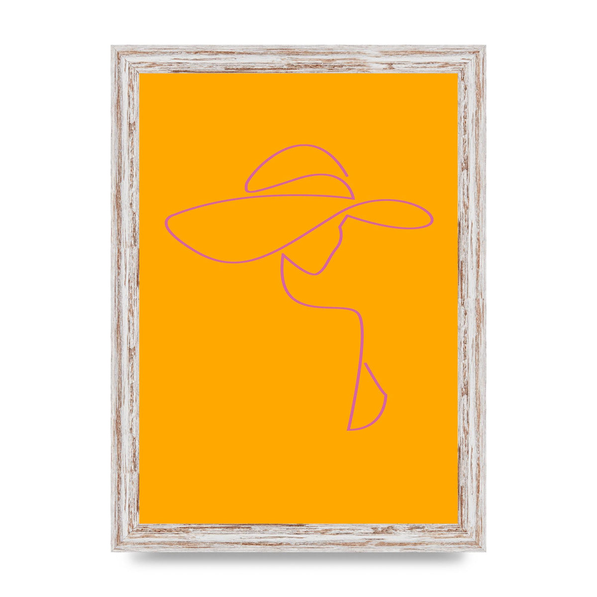 Lady In Hat Line Drawing Orange Pink Printed Poster - A4 framed