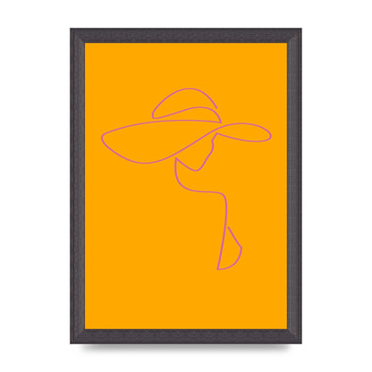 Lady In Hat Line Drawing Orange Pink Printed Poster - A4 framed