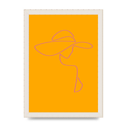 Lady In Hat Line Drawing Orange Pink Printed Poster - A4 framed