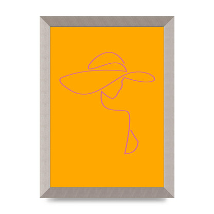 Lady In Hat Line Drawing Orange Pink Printed Poster - A4 framed