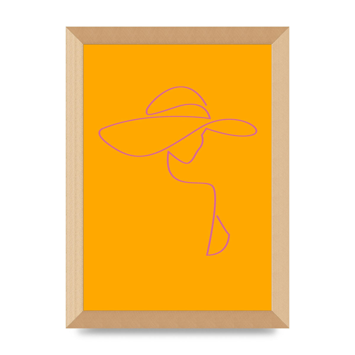 Lady In Hat Line Drawing Orange Pink Printed Poster - A4 framed