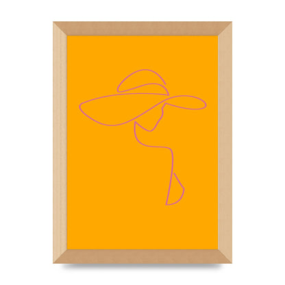 Lady In Hat Line Drawing Orange Pink Printed Poster - A4 framed