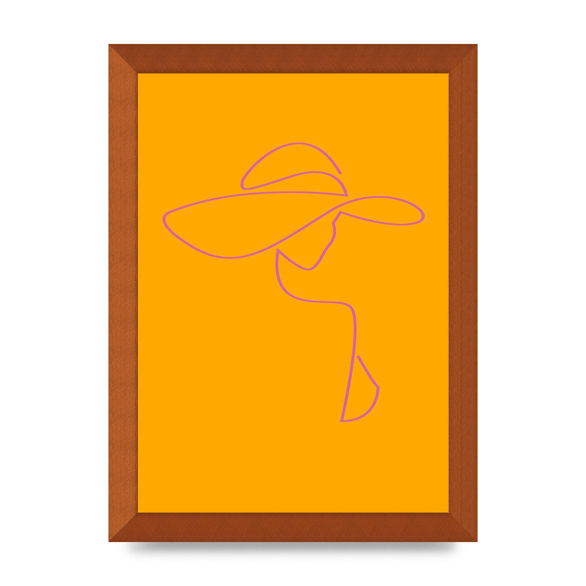 Lady In Hat Line Drawing Orange Pink Printed Poster - A4 framed