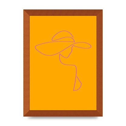 Lady In Hat Line Drawing Orange Pink Printed Poster - A4 framed