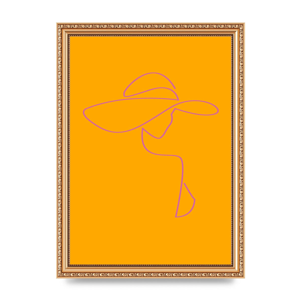 Lady In Hat Line Drawing Orange Pink Printed Poster - A4 framed