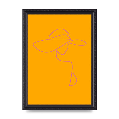 Lady In Hat Line Drawing Orange Pink Printed Poster - A4 framed