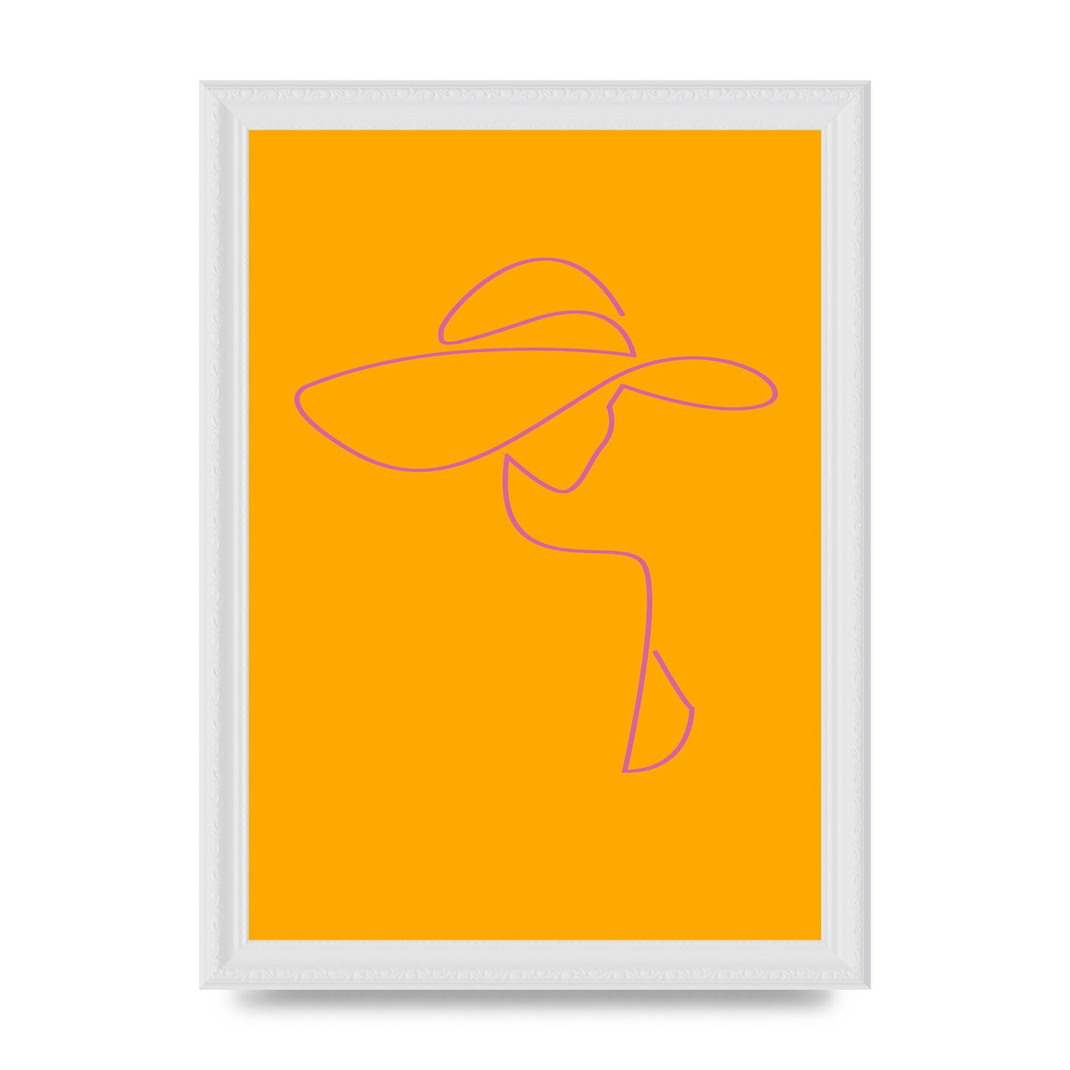 Lady In Hat Line Drawing Orange Pink Printed Poster - A4 framed