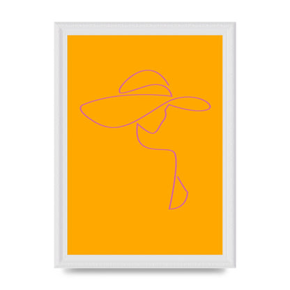 Lady In Hat Line Drawing Orange Pink Printed Poster - A4 framed