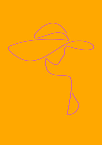 Lady In Hat Line Drawing Orange Pink Printed Poster - detail