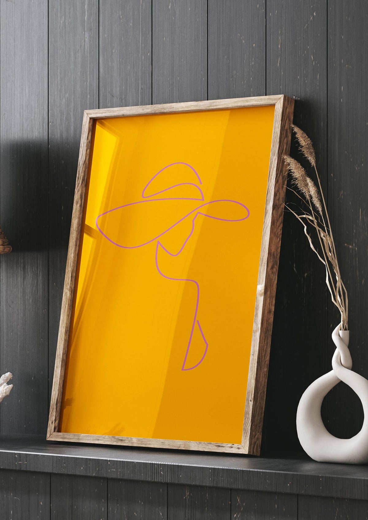 Lady In Hat Line Drawing Orange Pink Printed Poster - living room 3