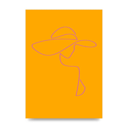 Lady In Hat Line Drawing Orange Pink Printed Poster - unframed print