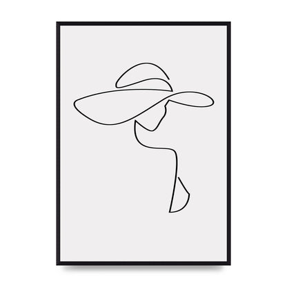 Lady In Hat Line Drawing Black White Wall Art - A2 framed