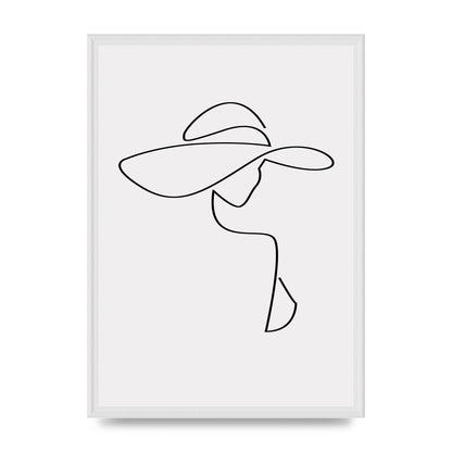 Lady In Hat Line Drawing Black White Wall Art - A2 framed