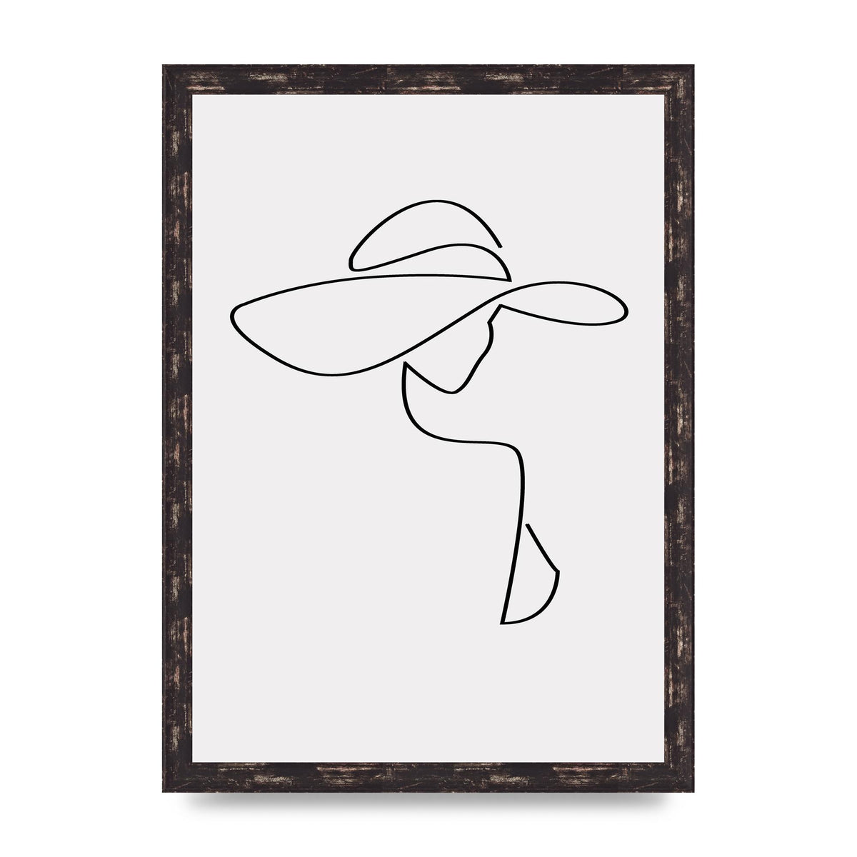 Lady In Hat Line Drawing Black White Wall Art - A3 framed