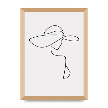 Lady In Hat Line Drawing Black White Wall Art - A3 framed