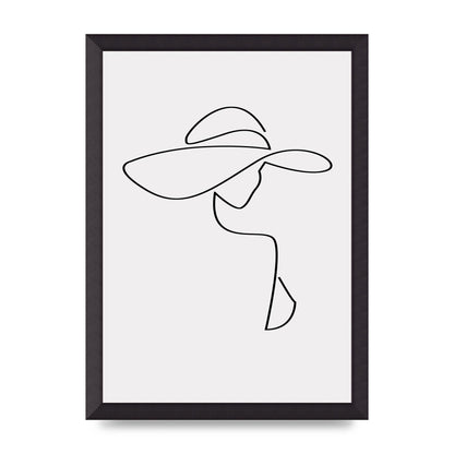 Lady In Hat Line Drawing Black White Wall Art - A3 framed