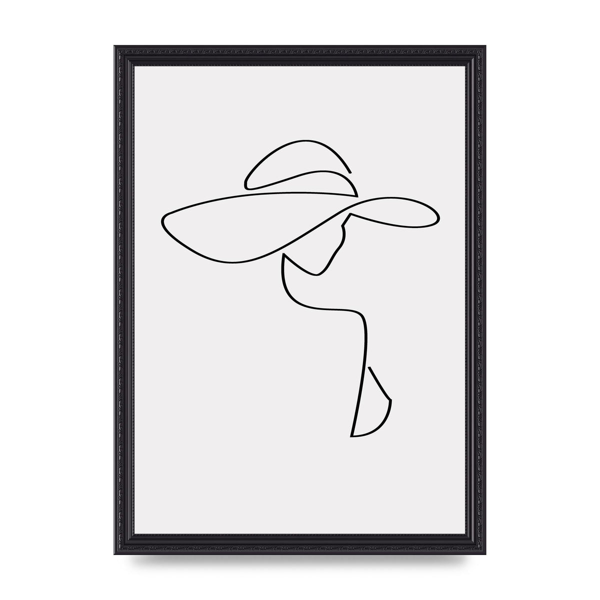 Lady In Hat Line Drawing Black White Wall Art - A3 framed