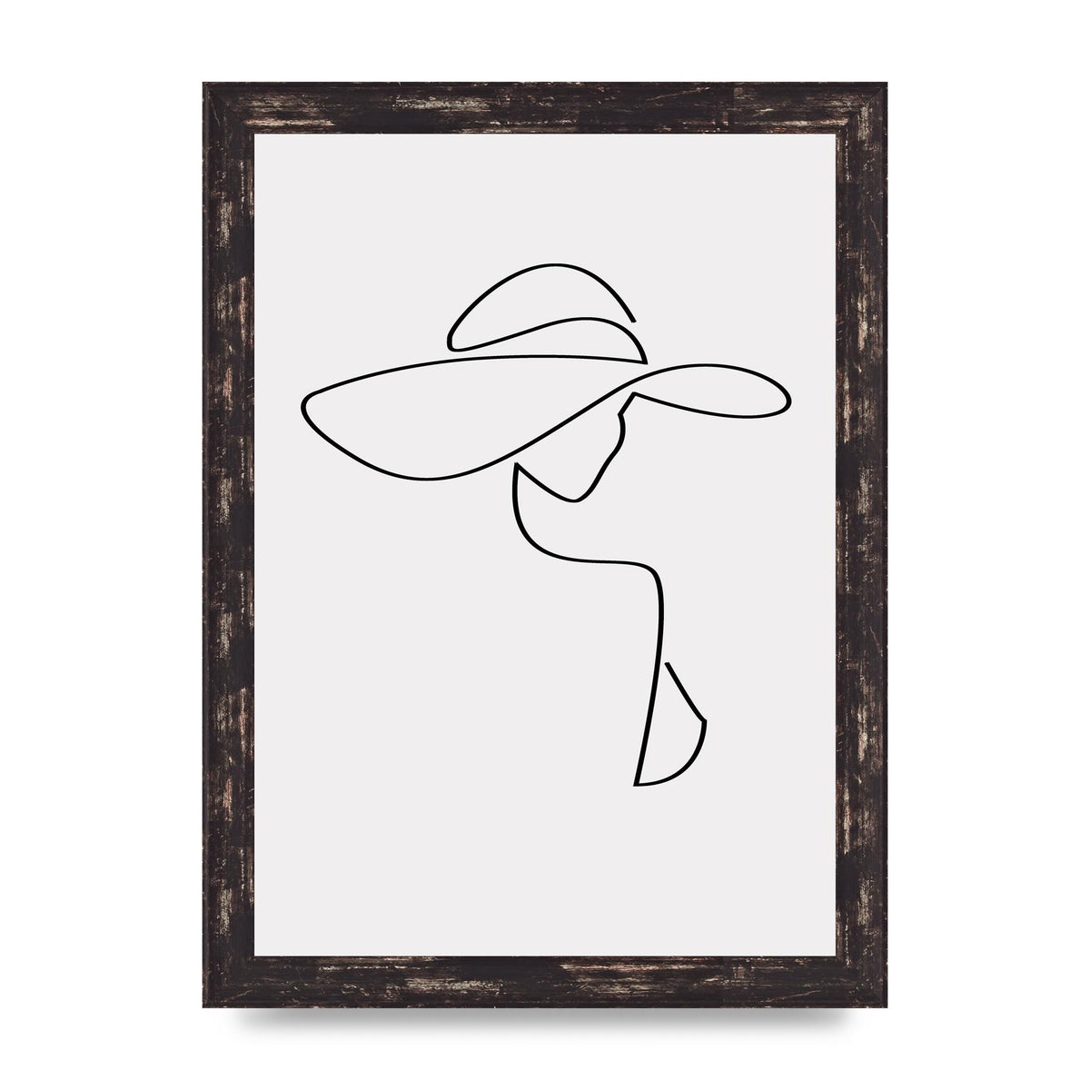 Lady In Hat Line Drawing Black White Wall Art - A4 framed