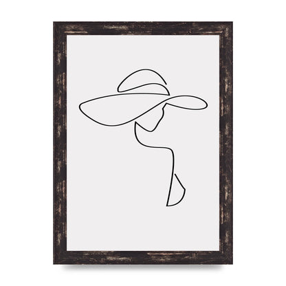 Lady In Hat Line Drawing Black White Wall Art - A4 framed