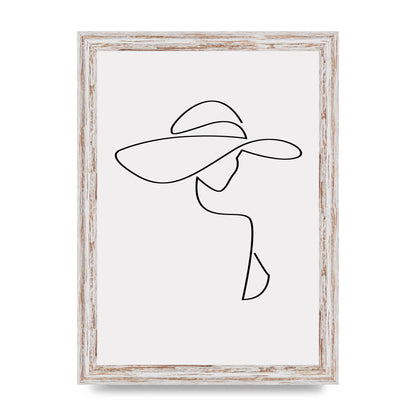 Lady In Hat Line Drawing Black White Wall Art - A4 framed