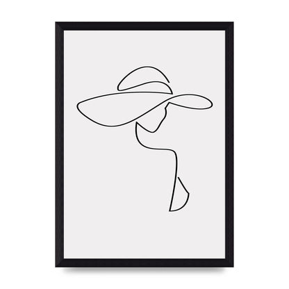 Lady In Hat Line Drawing Black White Wall Art - A4 framed
