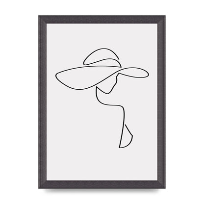 Lady In Hat Line Drawing Black White Wall Art - A4 framed