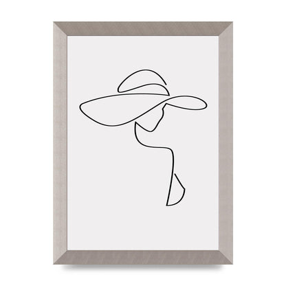 Lady In Hat Line Drawing Black White Wall Art - A4 framed