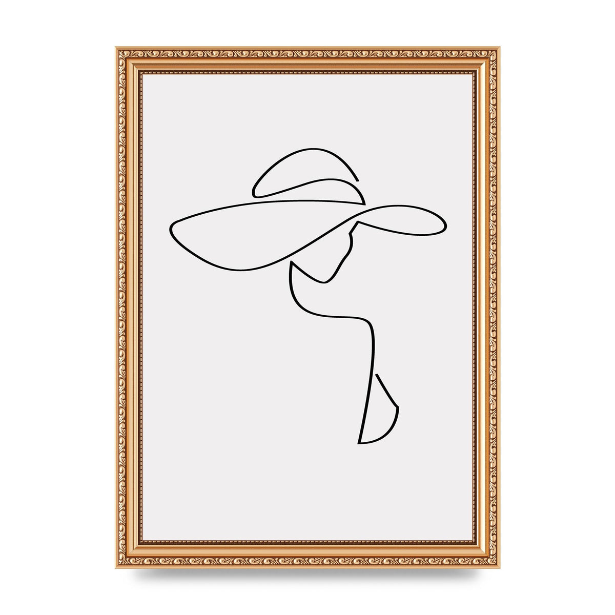 Lady In Hat Line Drawing Black White Wall Art - A4 framed