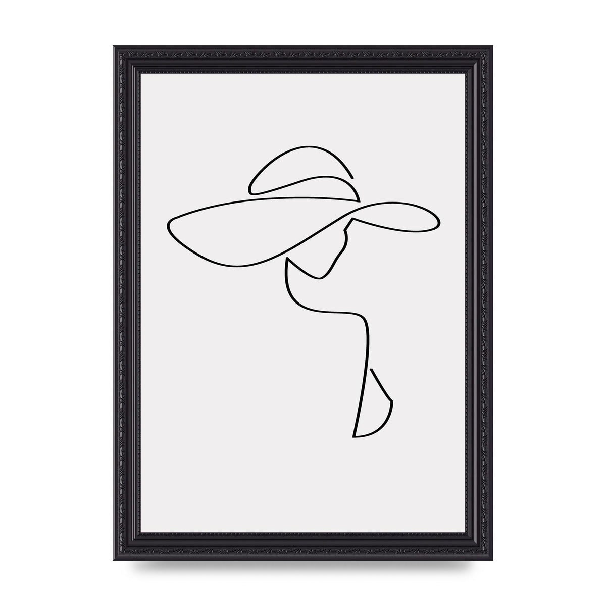 Lady In Hat Line Drawing Black White Wall Art - A4 framed