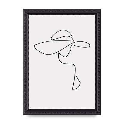 Lady In Hat Line Drawing Black White Wall Art - A4 framed
